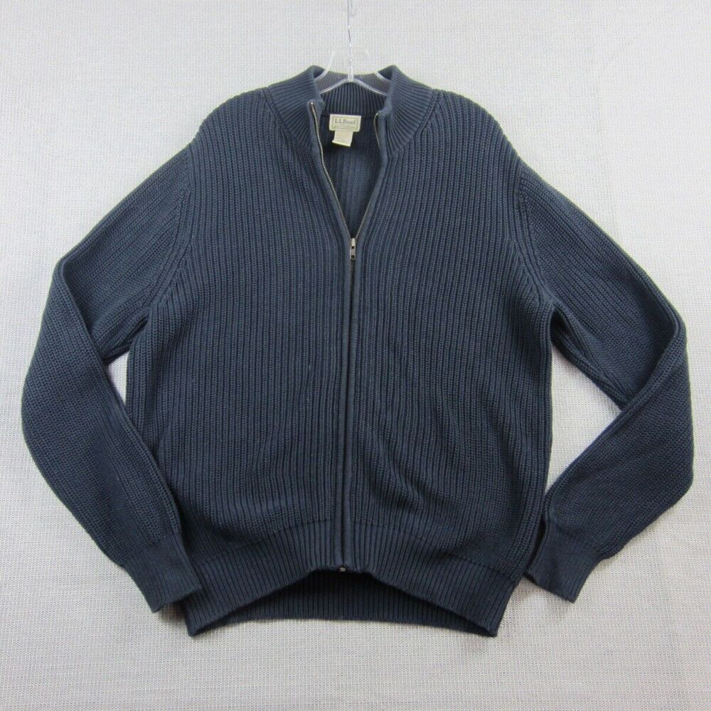 LL Bean Cardigan Sweater Men Large Blue Cable Chunky Full Zip Up Long Sleeve L